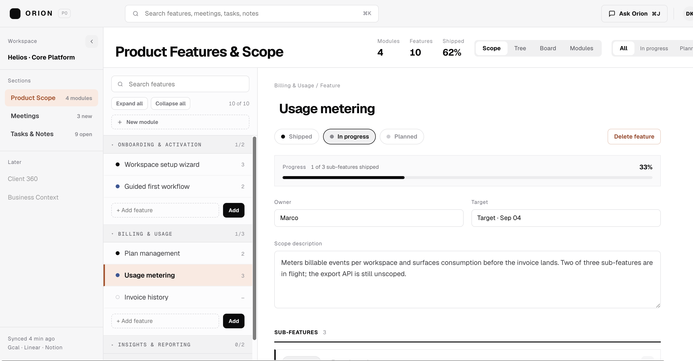Orion product interface showing the product scope view